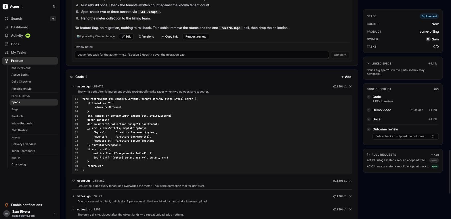The Code section of a spec listing seven linked code refs — meter.go, upload.go, config.go, routes.go and handlers.go — each pinned to commit 1f30bb1 with a note explaining why it matters. The first ref is expanded, showing the recordUsage function inline.